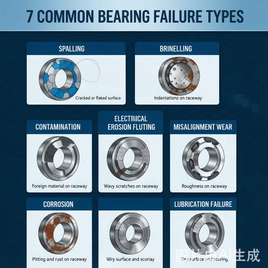 7 bearing failure types infographic: spalling, brinelling, contamination, electrical erosion, misalignment, corrosion, lubrication failure