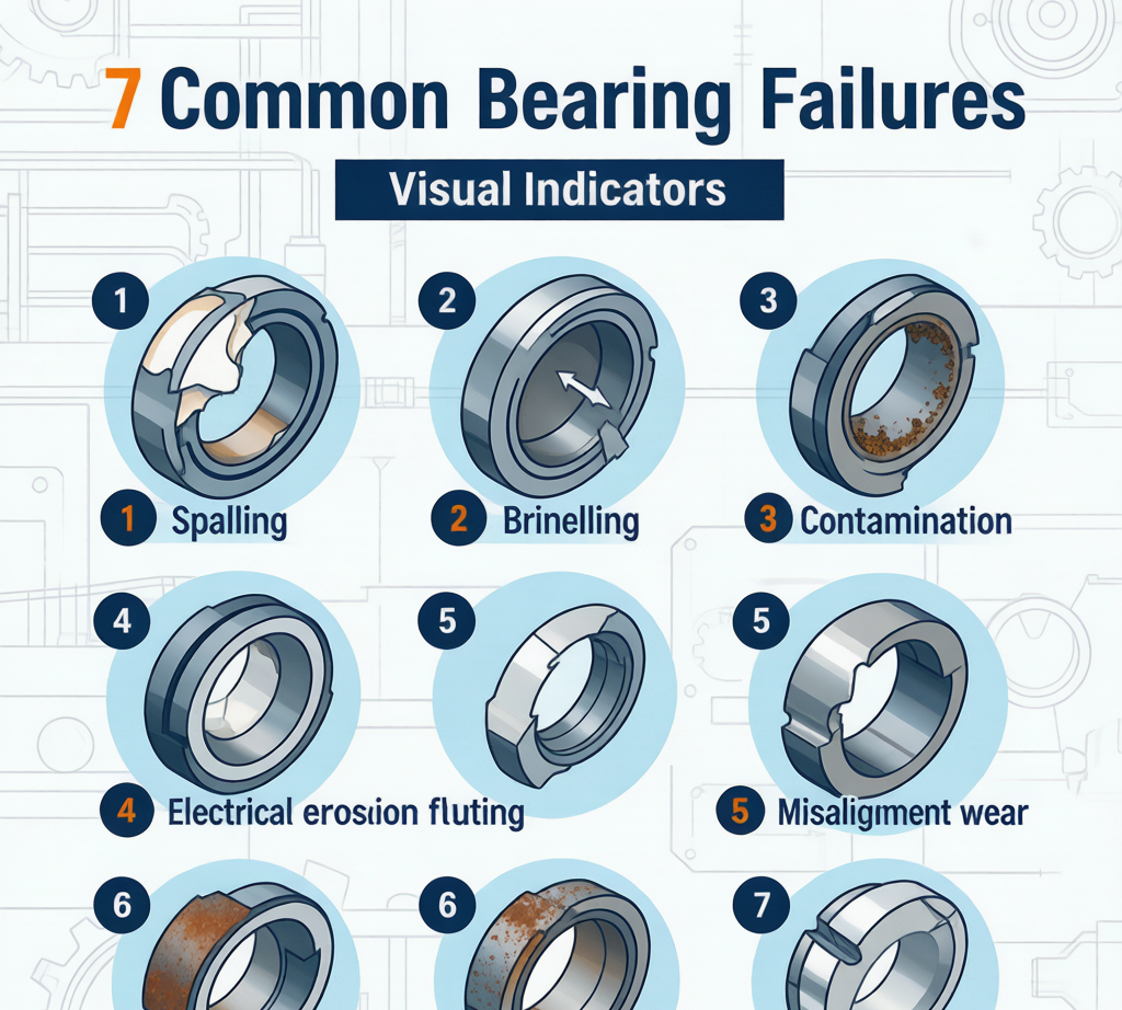 7 bearing failure types infographic: spalling, brinelling, contamination, electrical erosion, misalignment, corrosion, lubrication failure