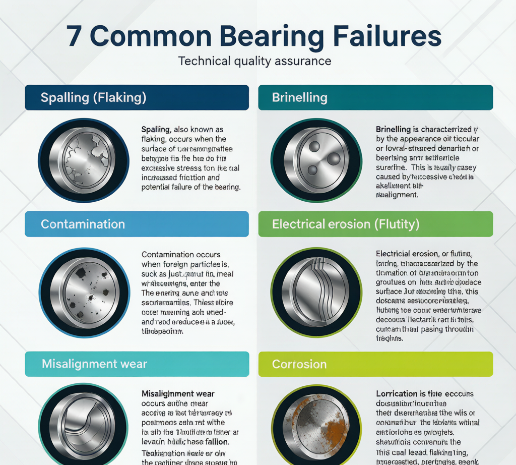 7 bearing failure types infographic: spalling, brinelling, contamination, electrical erosion, misalignment, corrosion, lubrication failure