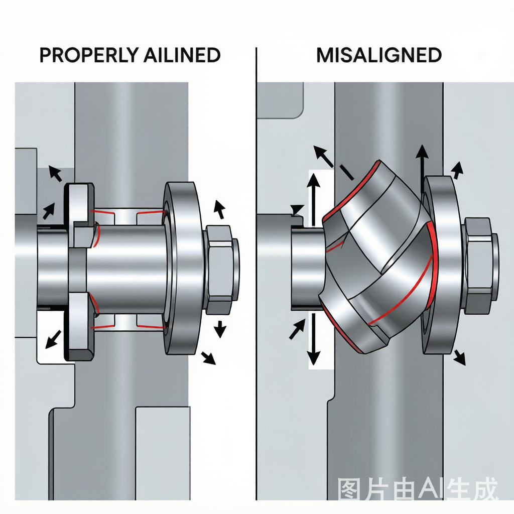 Bearing alignment vs misalignment diagram showing skewed wear path and edge loading