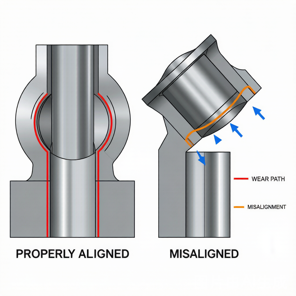 Bearing alignment vs misalignment diagram showing skewed wear path and edge loading
