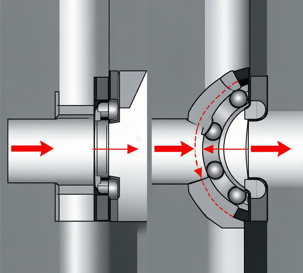 Bearing alignment vs misalignment diagram showing skewed wear path and edge loading
