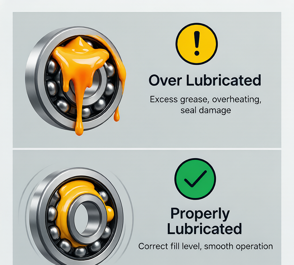 Over-lubrication vs proper lubrication comparison diagram for bearings
