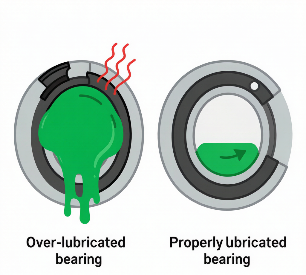 Over-lubrication vs proper lubrication comparison diagram for bearings