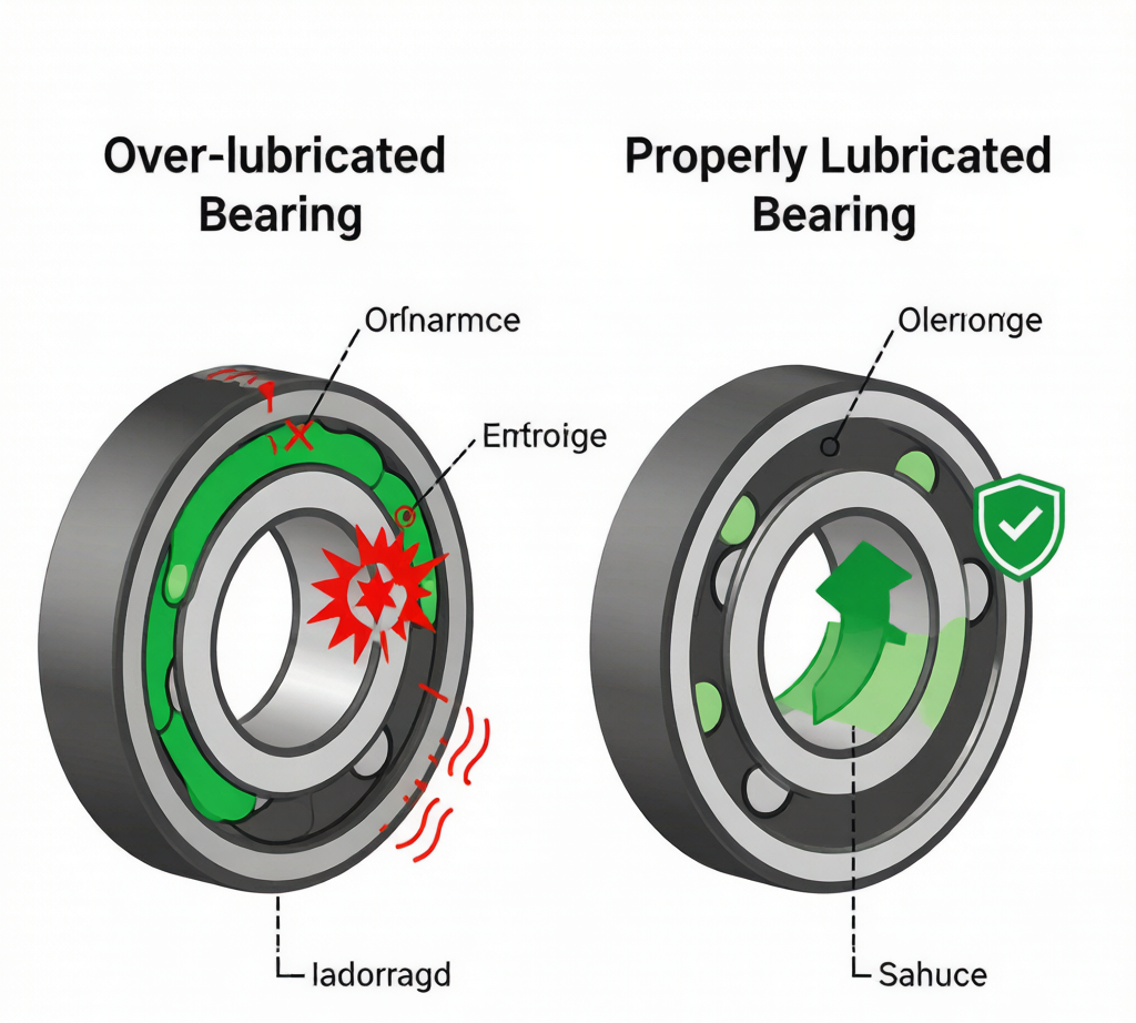 over-lubricated vs properly lubricated bearing comparison