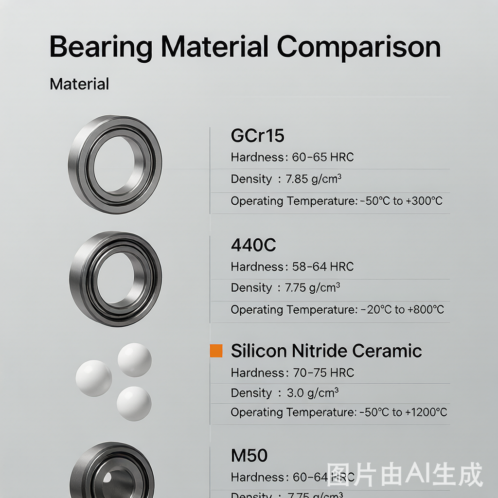 Bearing material comparison infographic: GCr15 chrome steel, 440C stainless steel, silicon nitride ceramic, M50 tool steel