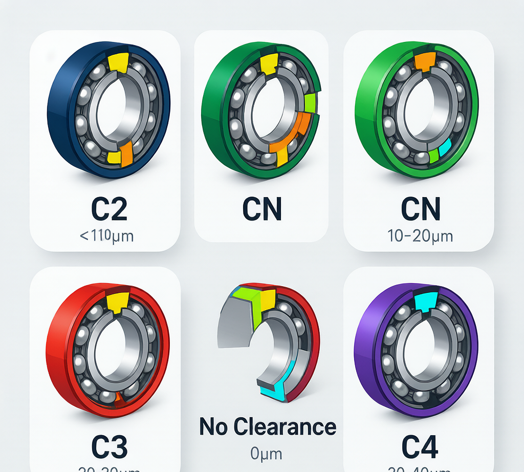 Bearing clearance classes comparison: C2, CN, C3, C4 with micrometer ranges