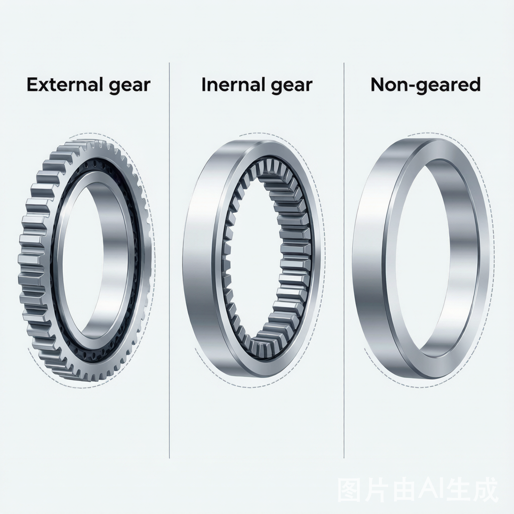 Slewing bearing gear types comparison: external gear, internal gear, non-geared