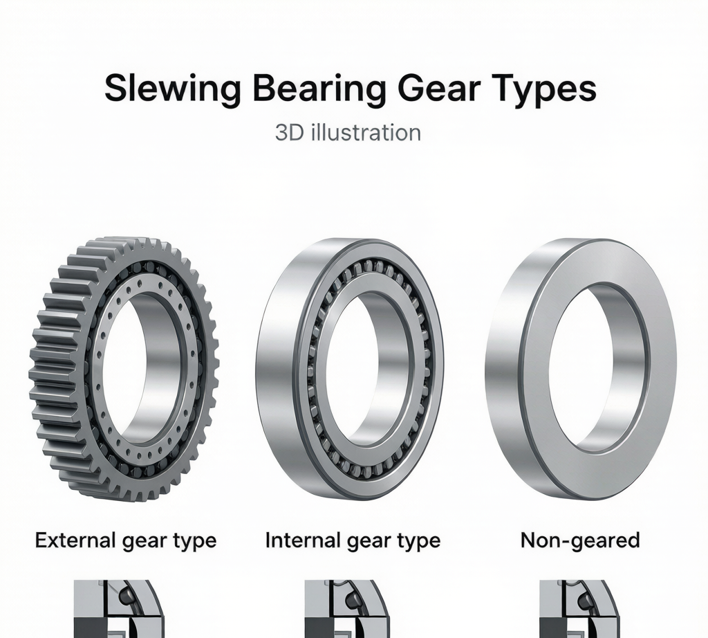 Slewing bearing gear types comparison: external gear, internal gear, non-geared