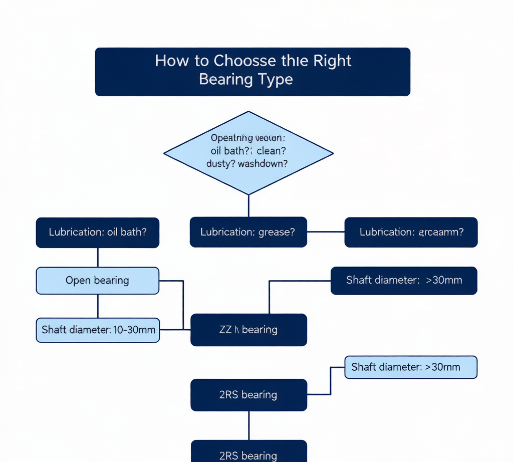Bearing type selection decision flowchart: environment conditions to bearing recommendation