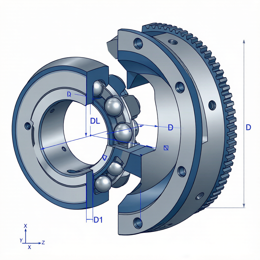 Four-point contact slewing bearing cutaway diagram showing raceway, gear teeth, and rolling elements