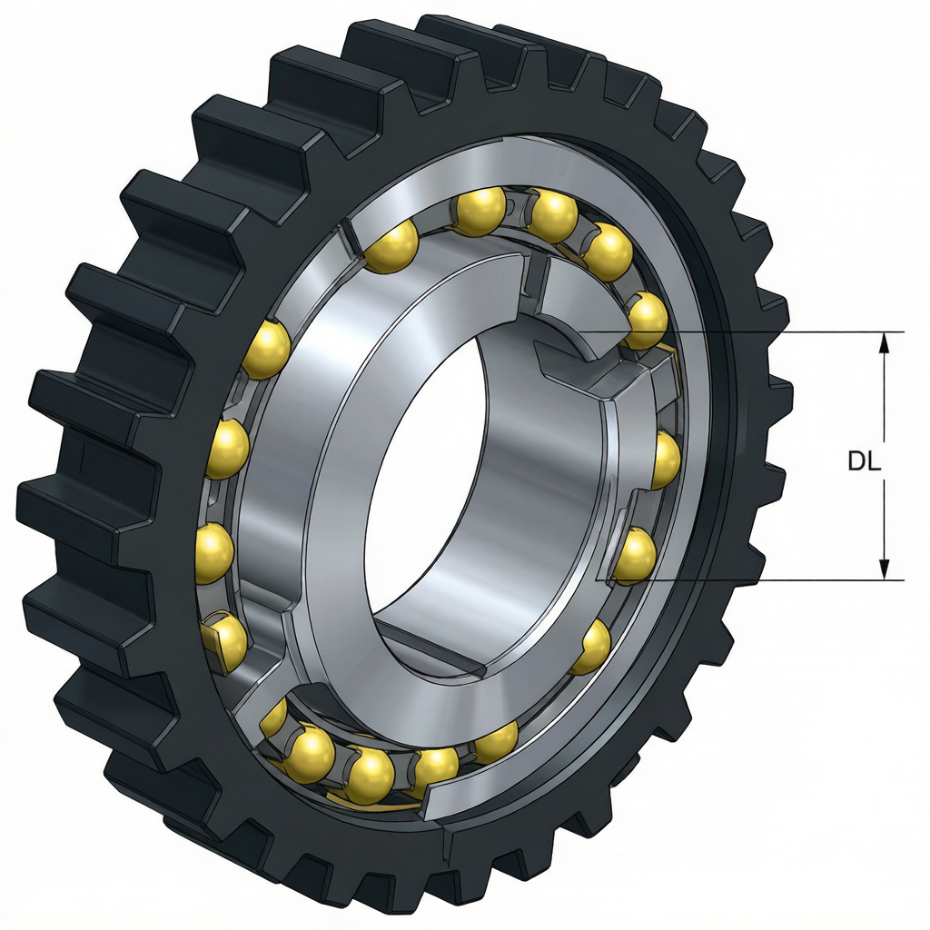 Four-point contact slewing bearing cutaway diagram showing raceway, gear teeth, and rolling elements