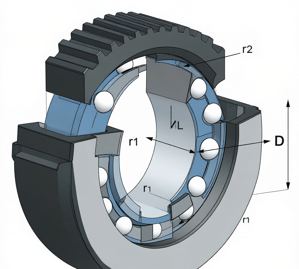 Four-point contact slewing bearing cutaway diagram showing raceway, gear teeth, and rolling elements