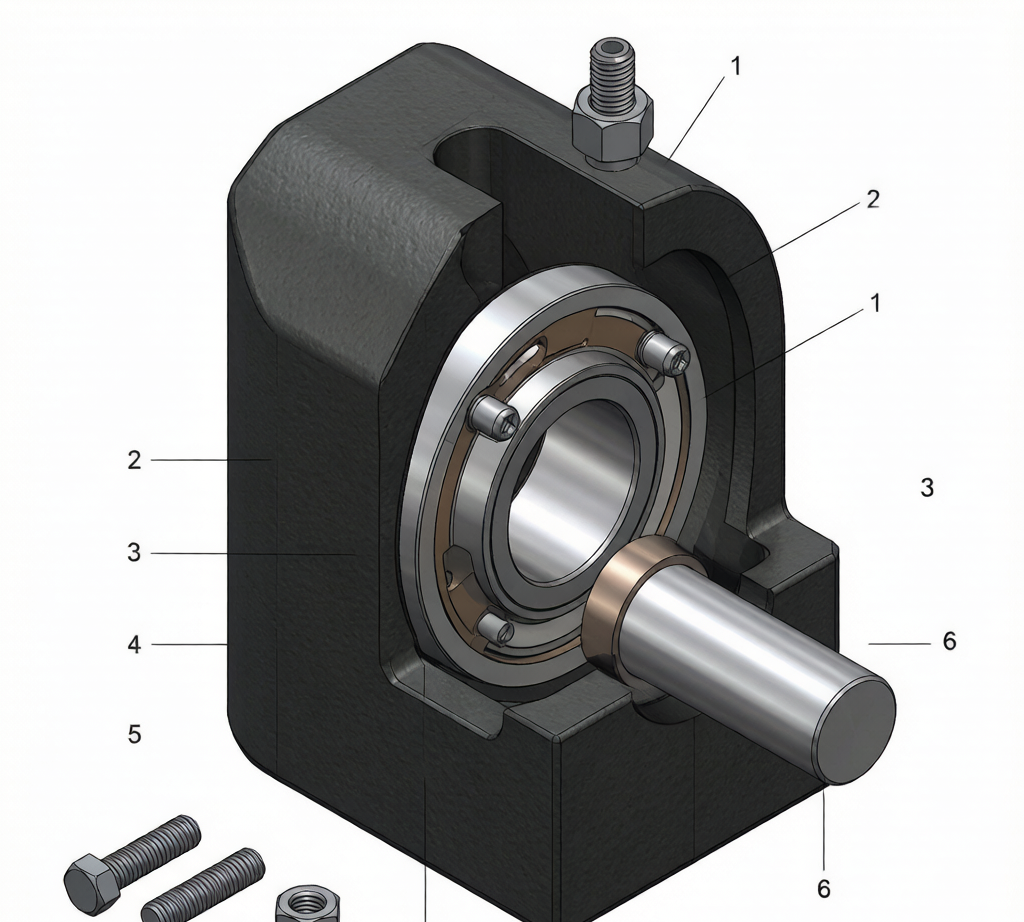 Pillow block bearing exploded assembly diagram: housing, insert, set screws, shaft