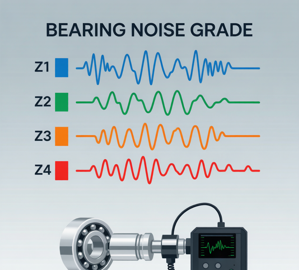 Bearing noise grade comparison: Z1 Z2 Z3 Z4 vibration levels with measurement setup