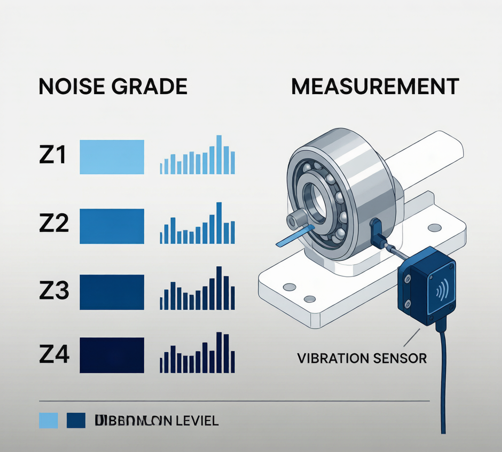 Bearing noise grade comparison: Z1 Z2 Z3 Z4 vibration levels with measurement setup