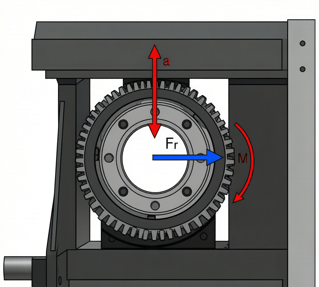 Slewing bearing combined load diagram: axial Fa, radial Fr, overturning moment M
