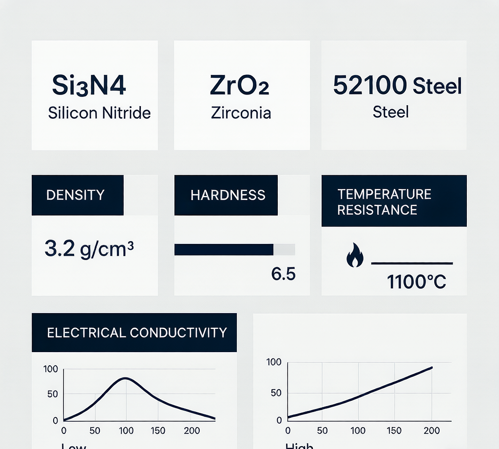 Ceramic bearing material comparison: Si3N4 vs ZrO2 vs 52100 steel properties