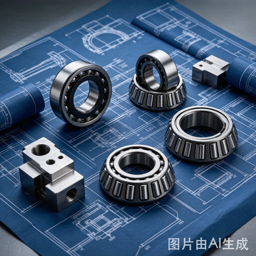 Professional bearing selection guide featuring deep groove ball bearings, tapered roller bearings, and cylindrical roller bearings on engineering blueprints