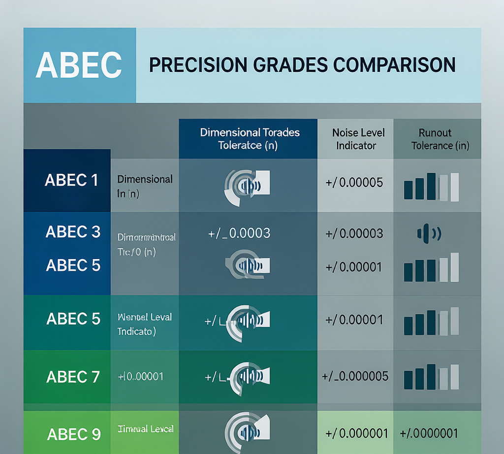 ABEC precision grades 1 through 9 comparison: tolerances, runout, noise levels