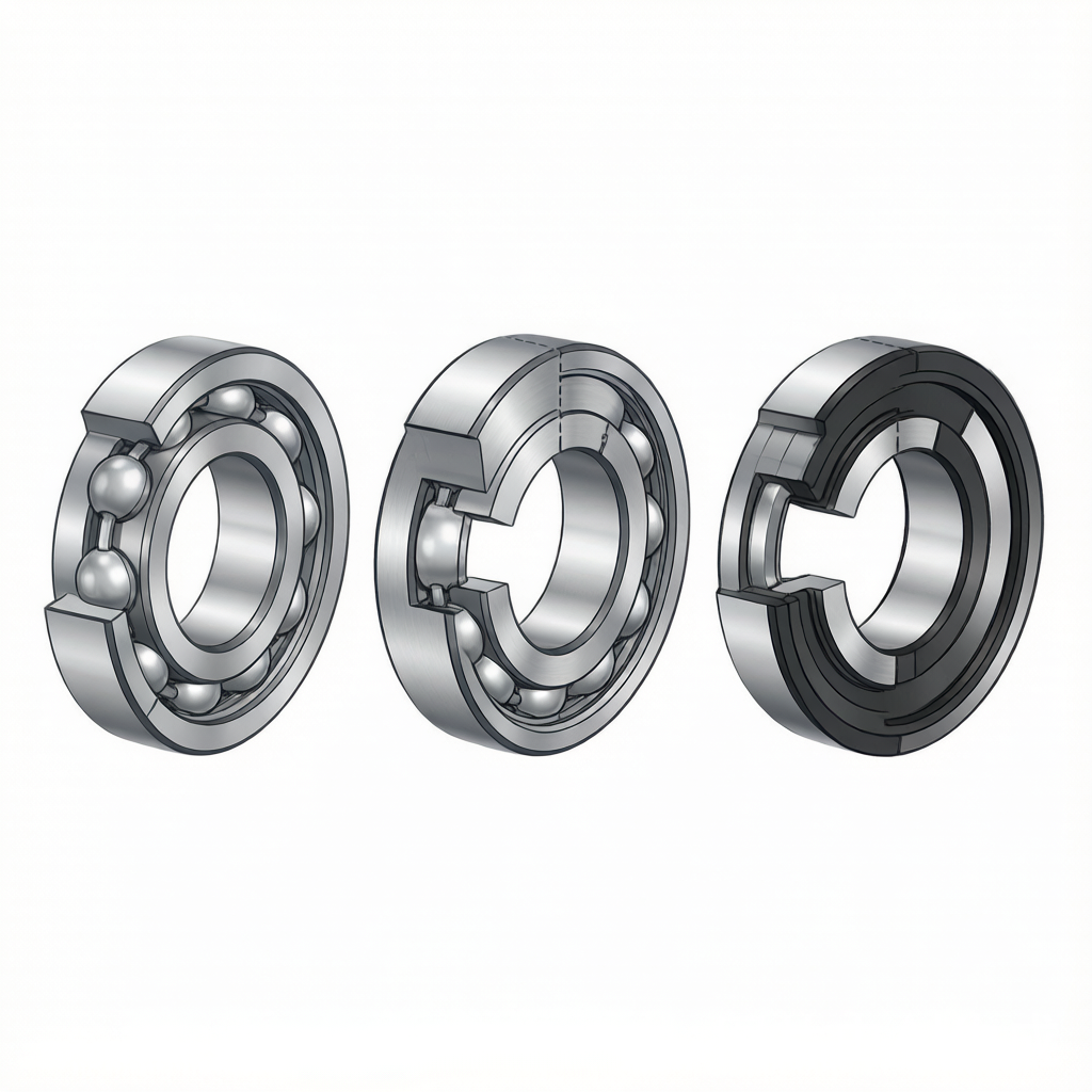 Bearing seal types comparison: open bearing, ZZ metal shield, and 2RS rubber seal cutaway diagrams