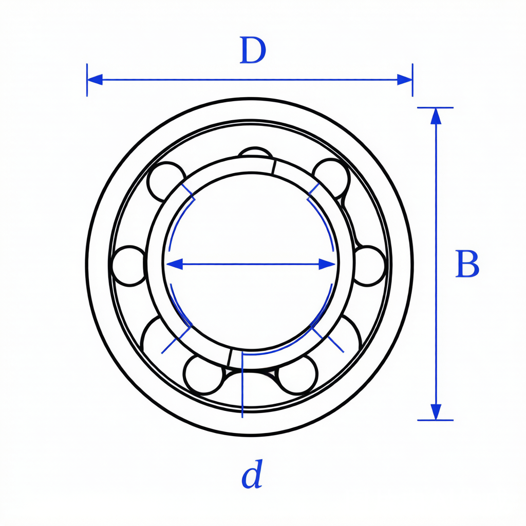 Bearing dimensional diagram showing bore diameter d, outer diameter D, and width B measurements