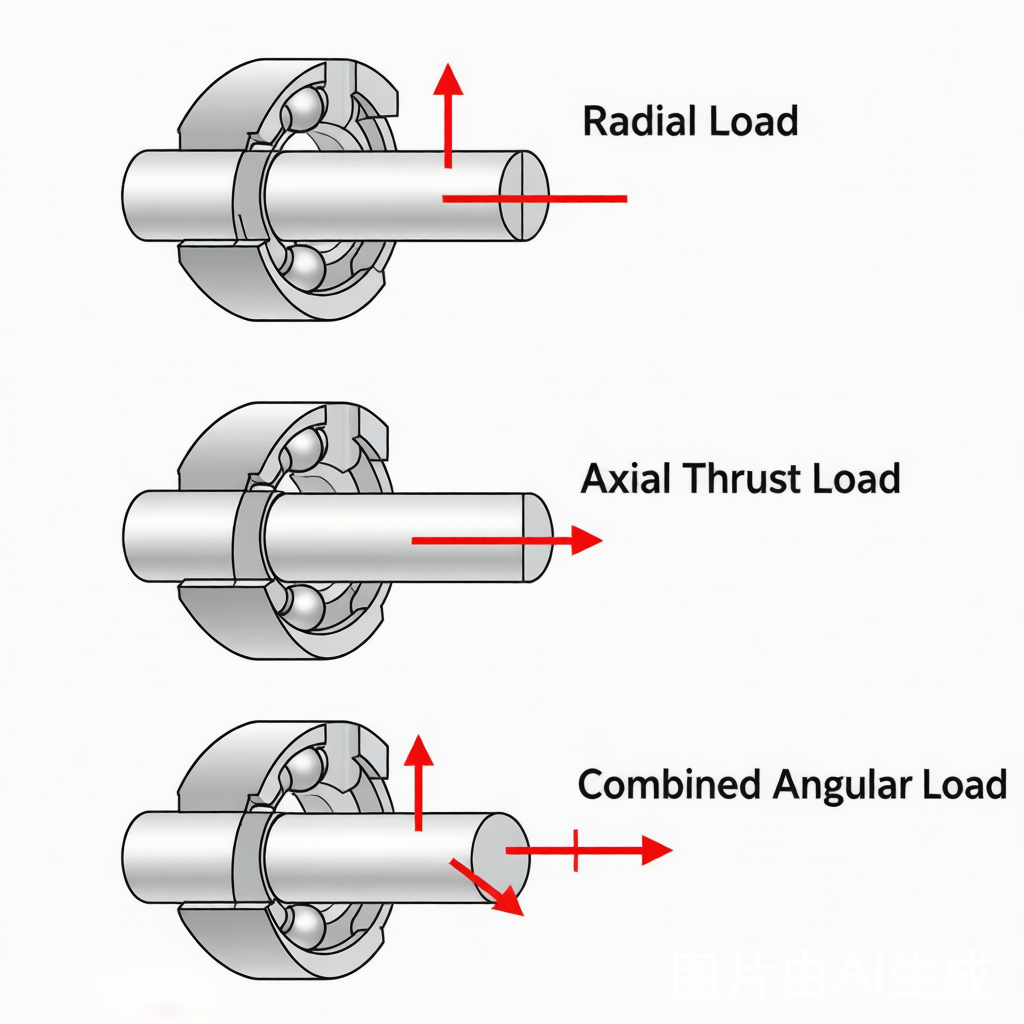 Radial load vs axial load vs combined load bearing diagram showing force direction arrows on shaft