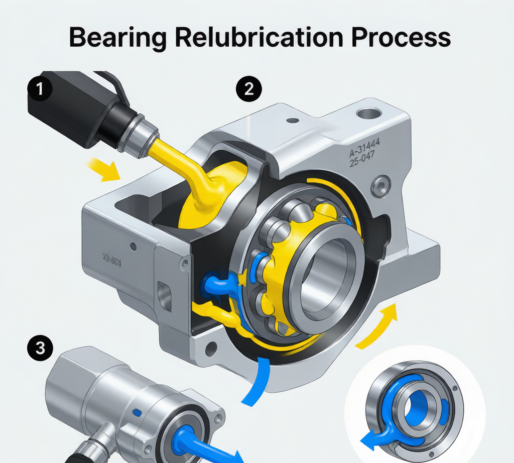 bearing relubrication process showing fresh grease gun application and old grease purging