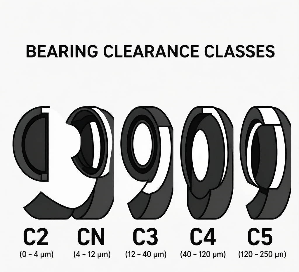 Bearing clearance classes comparison: C2, CN, C3, C4 with micrometer ranges