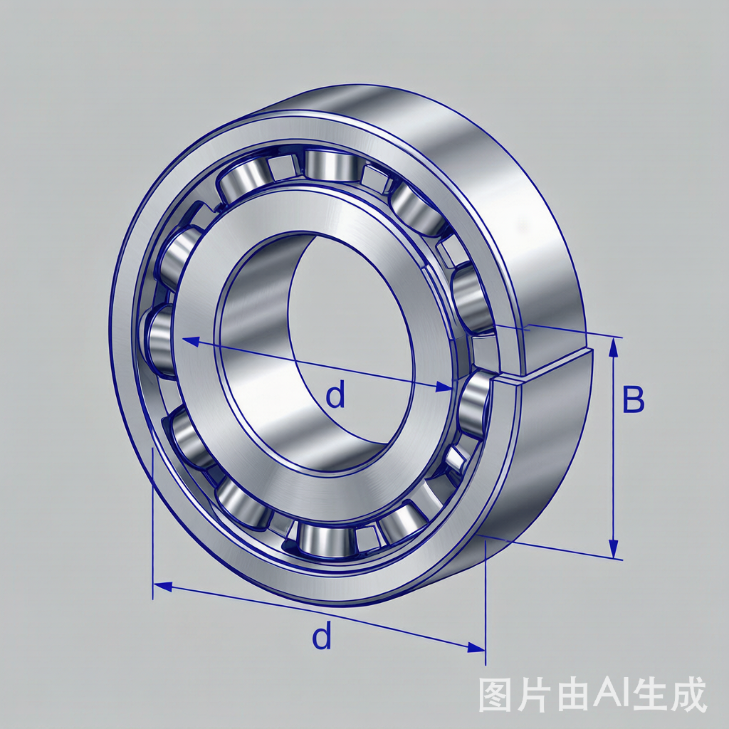 Bearing dimensional diagram showing bore diameter d, outer diameter D, and width B measurements