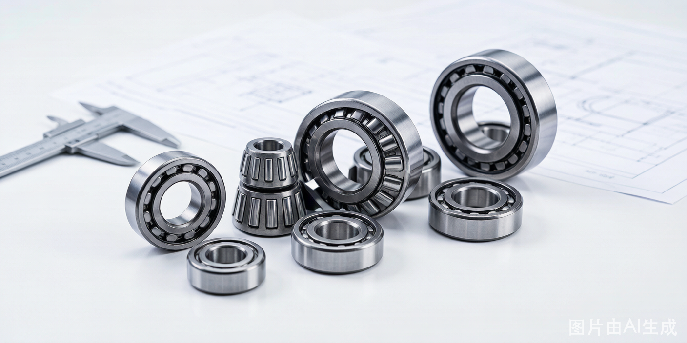 Professional bearing selection guide featuring deep groove ball bearings, tapered roller bearings, and cylindrical roller bearings on engineering blueprints