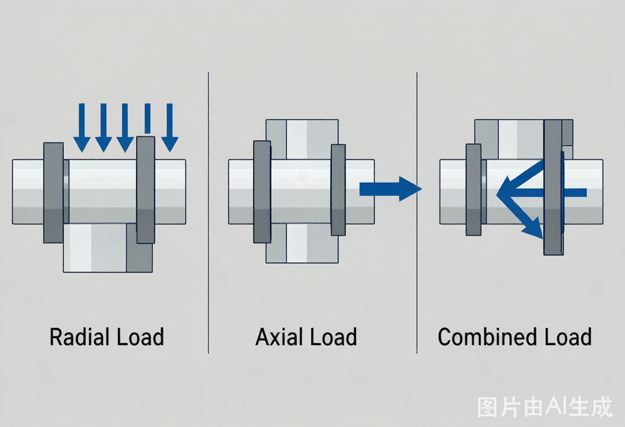 Radial load vs axial load vs combined load bearing diagram showing force direction arrows on shaft