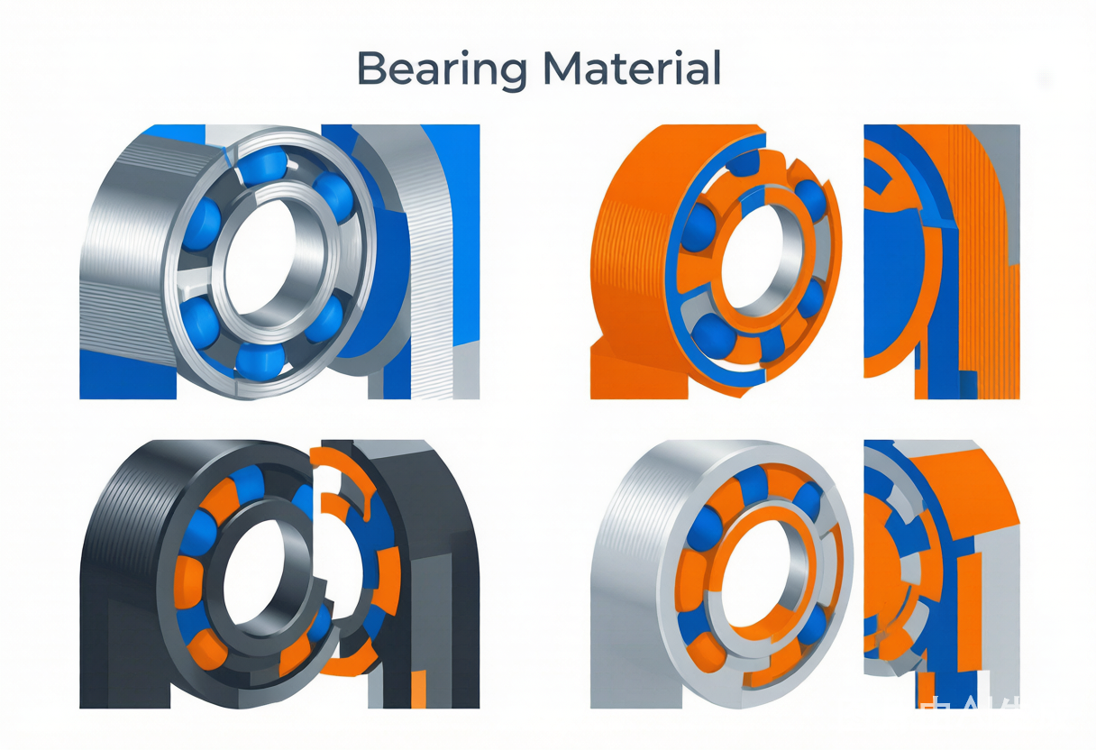 Bearing material comparison infographic: GCr15 chrome steel, 440C stainless steel, silicon nitride ceramic, M50 tool steel