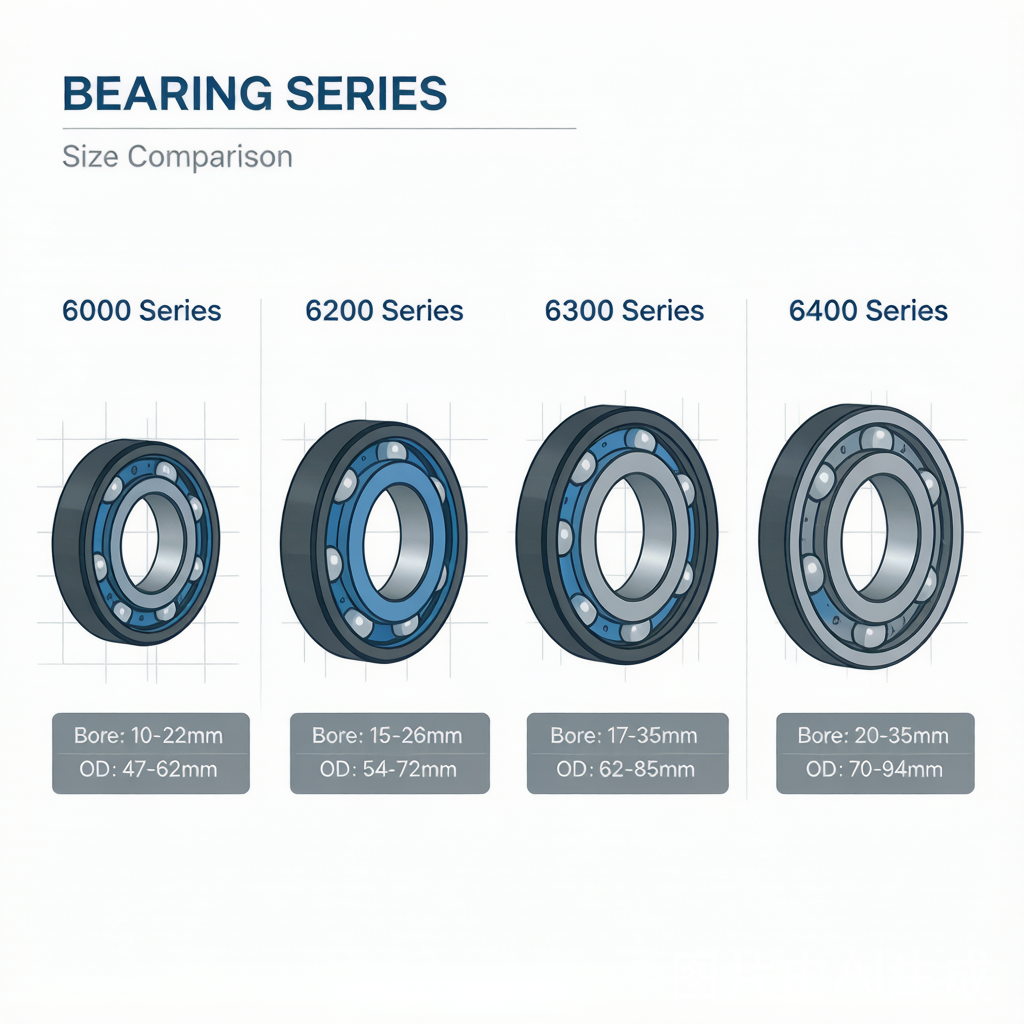 Bearing series size comparison: 6000, 6200, 6300, 6400 deep groove ball bearings