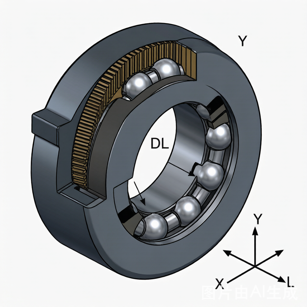 Four-point contact slewing bearing cutaway diagram showing inner ring, outer ring with external gear teeth, rolling balls in raceway