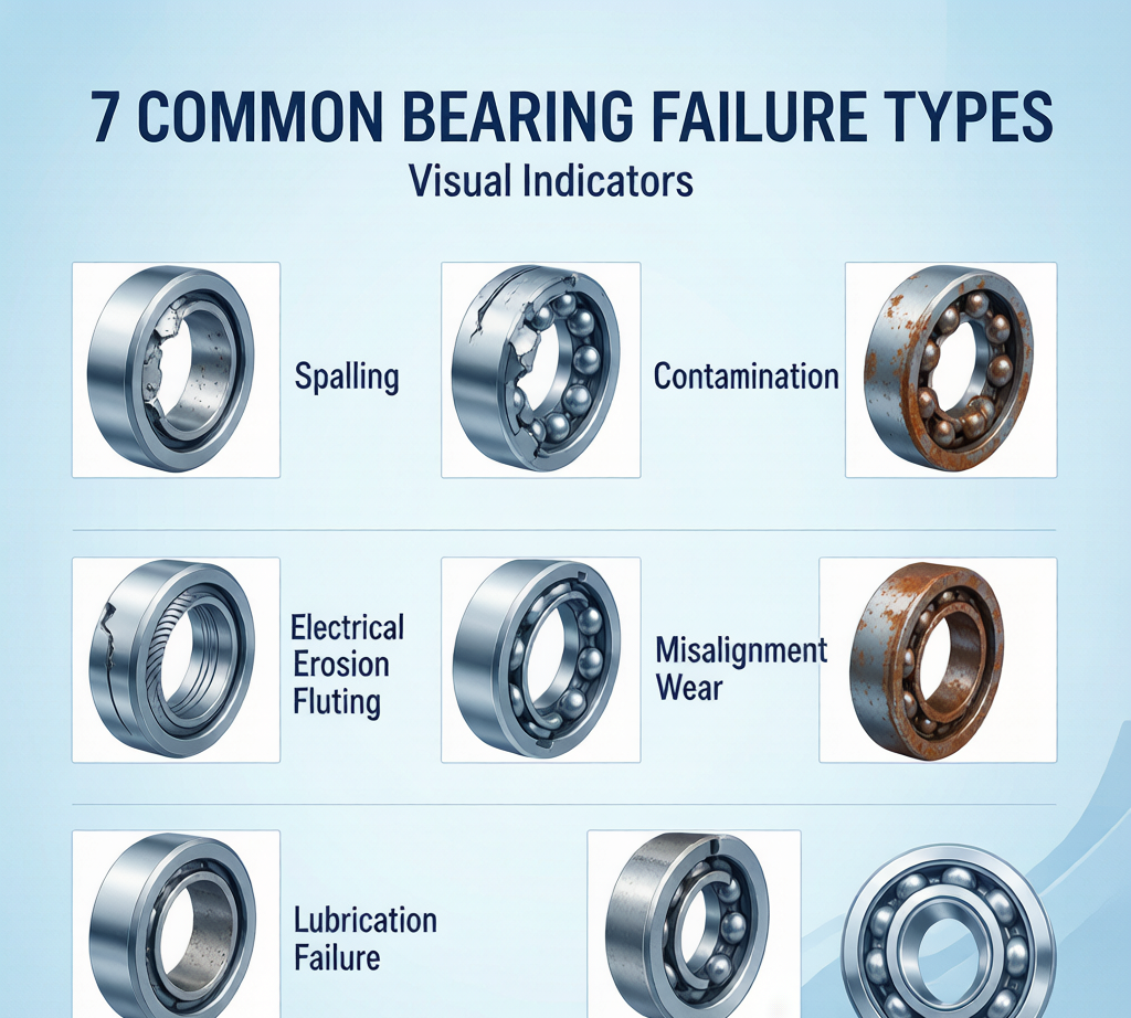 7 bearing failure types infographic: spalling brinelling contamination electrical erosion misalignment corrosion lubrication failure