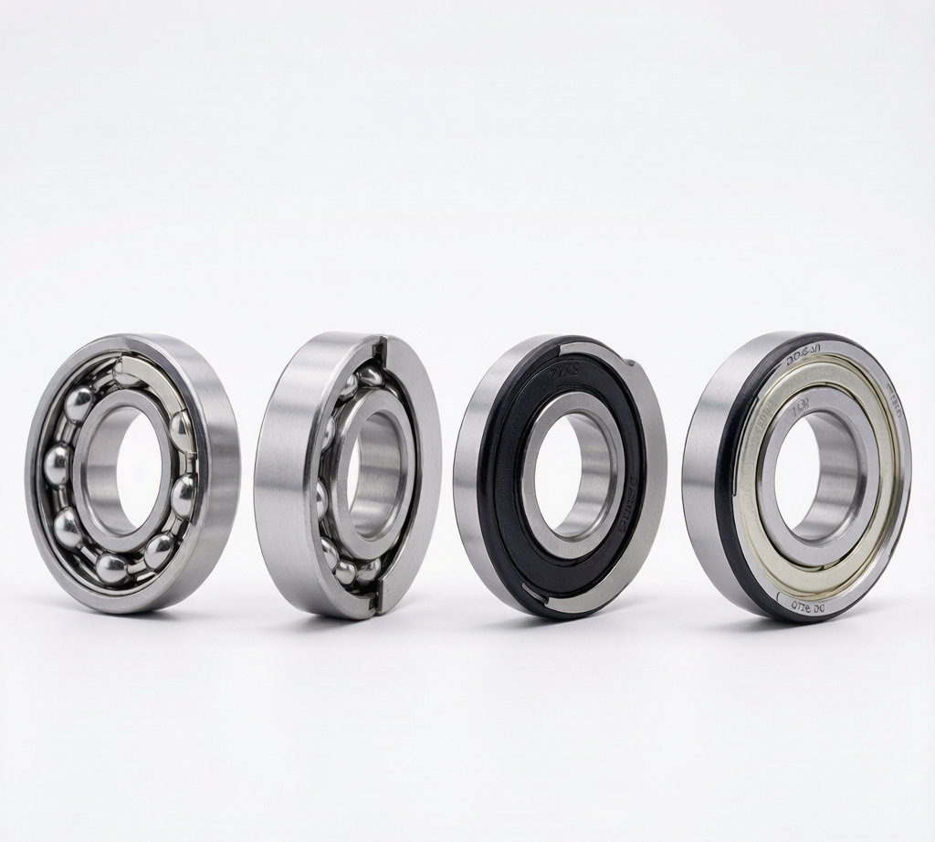 Deep groove ball bearing types comparison: Open, ZZ shielded, 2RS sealed, RU non-contact