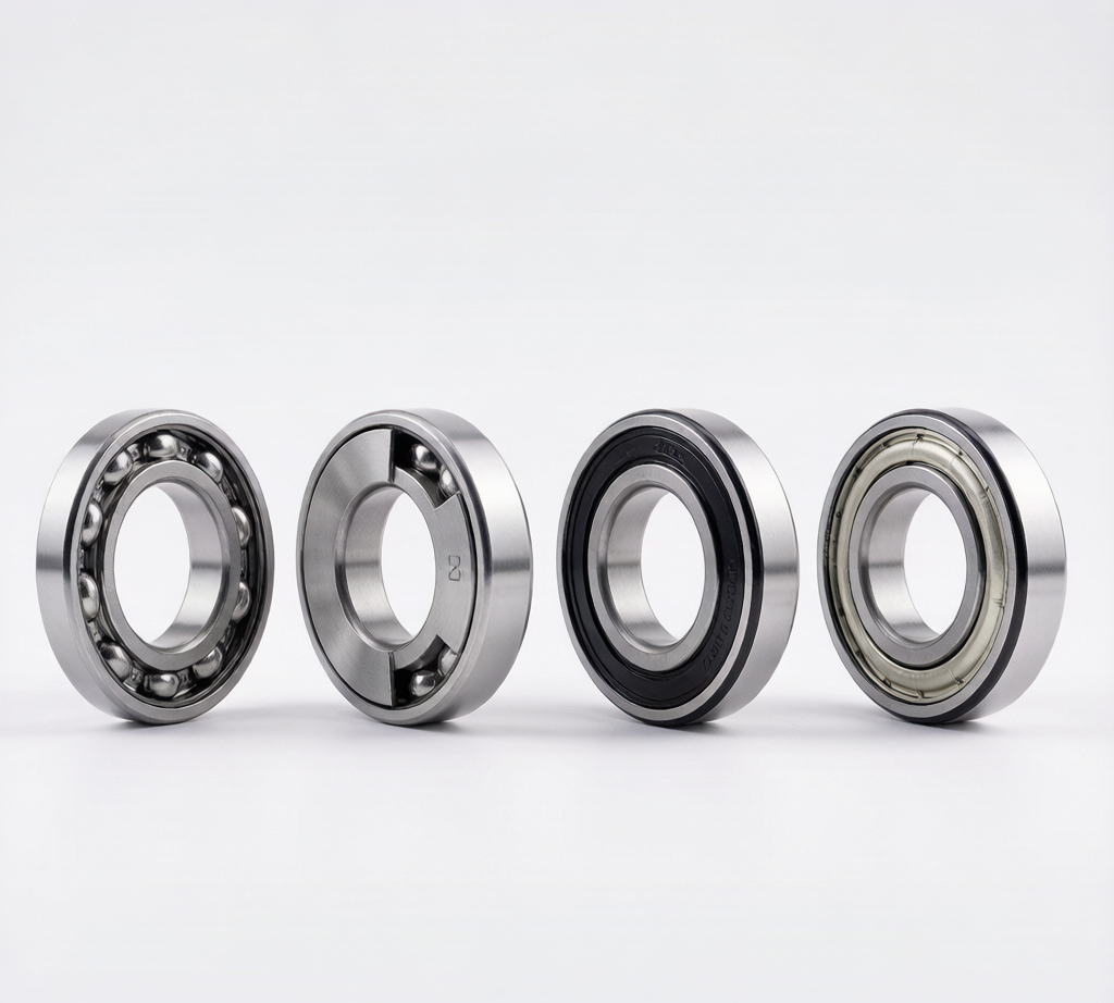 Deep groove ball bearing types comparison: Open, ZZ shielded, 2RS sealed, RU non-contact
