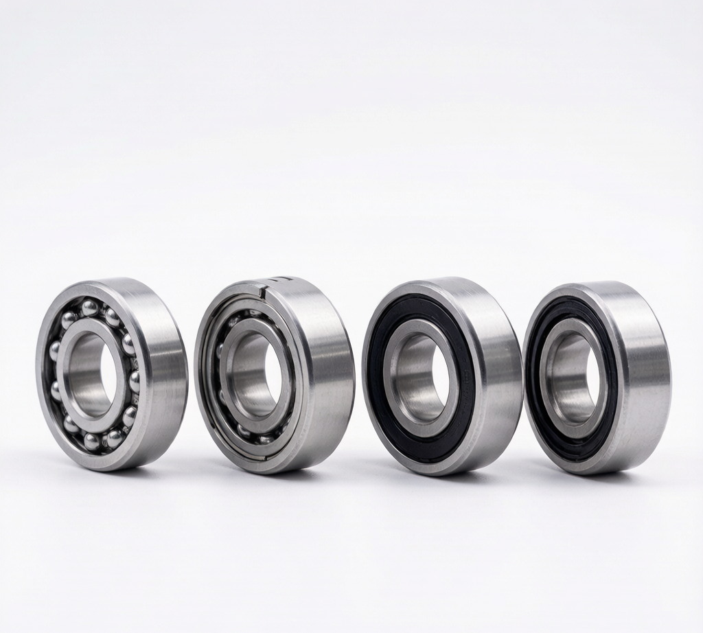Deep groove ball bearing types comparison: Open, ZZ shielded, 2RS sealed, RU non-contact