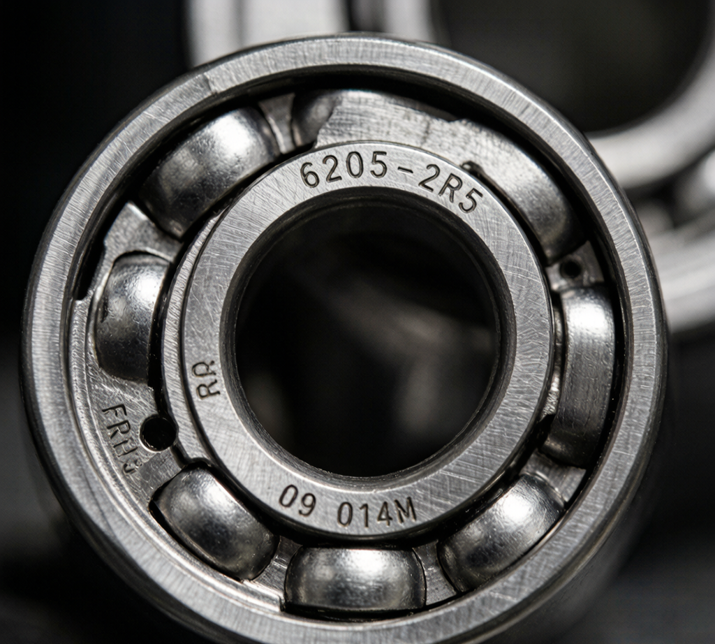 Bearing part number laser etching close-up showing manufacturer designation code on steel ring
