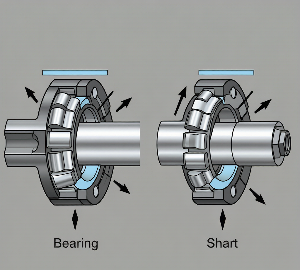 Bearing alignment vs misalignment diagram showing skewed wear path and edge loading