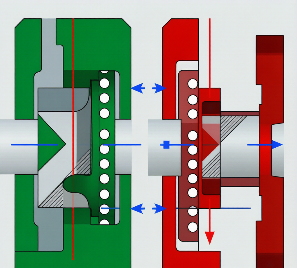 Bearing alignment vs misalignment diagram showing skewed wear path and edge loading