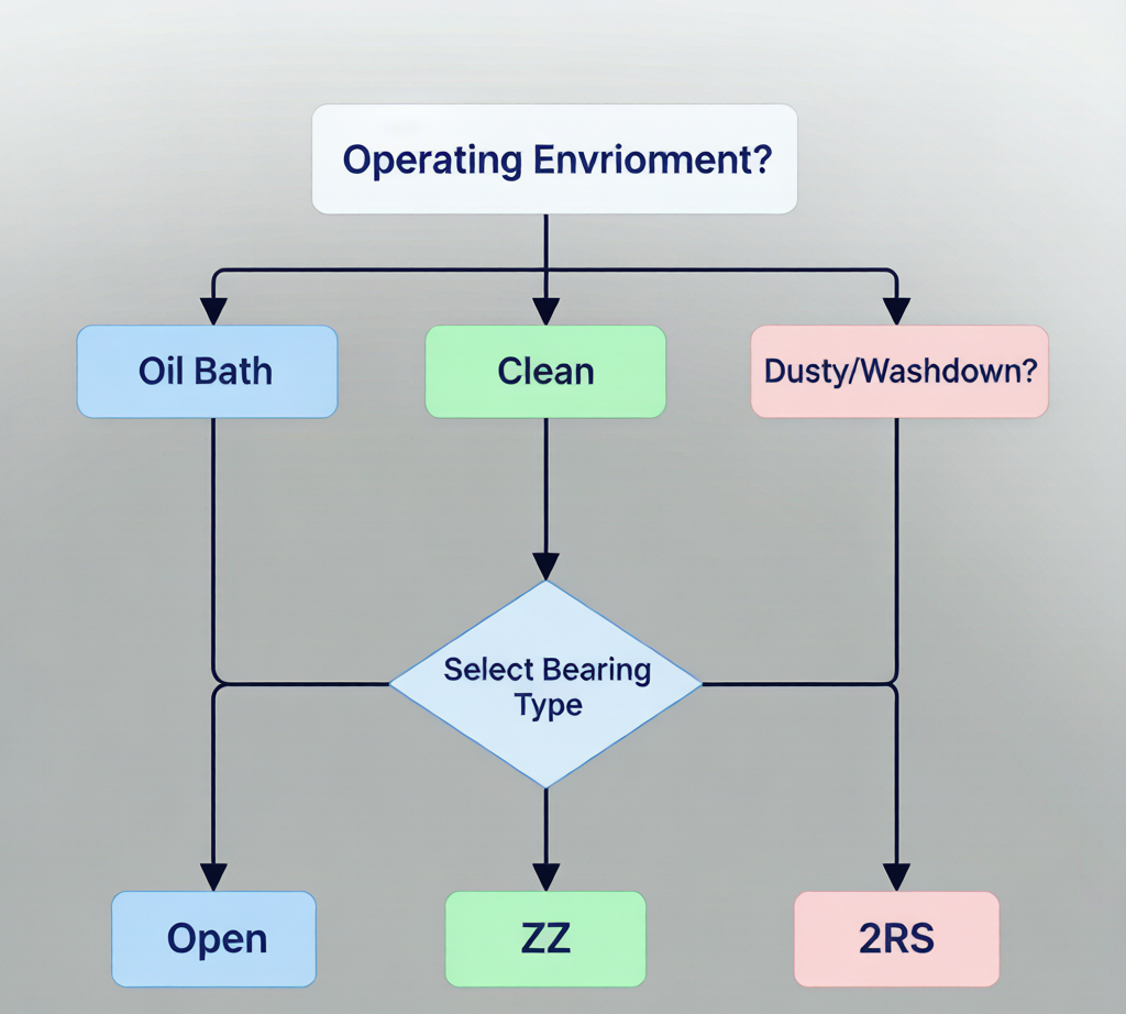 Bearing type selection decision flowchart: environment conditions to bearing recommendation