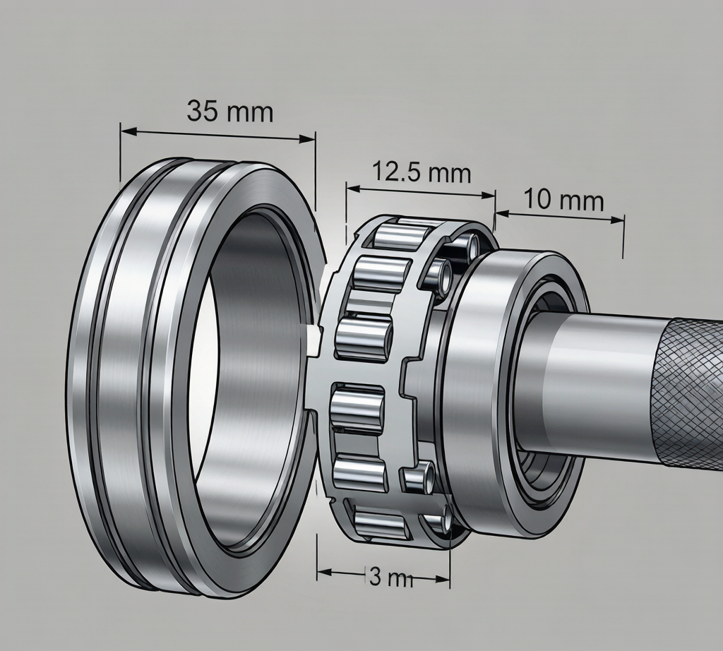 Needle roller bearing exploded view: outer ring, cage, needle rollers, shaft with dimensions