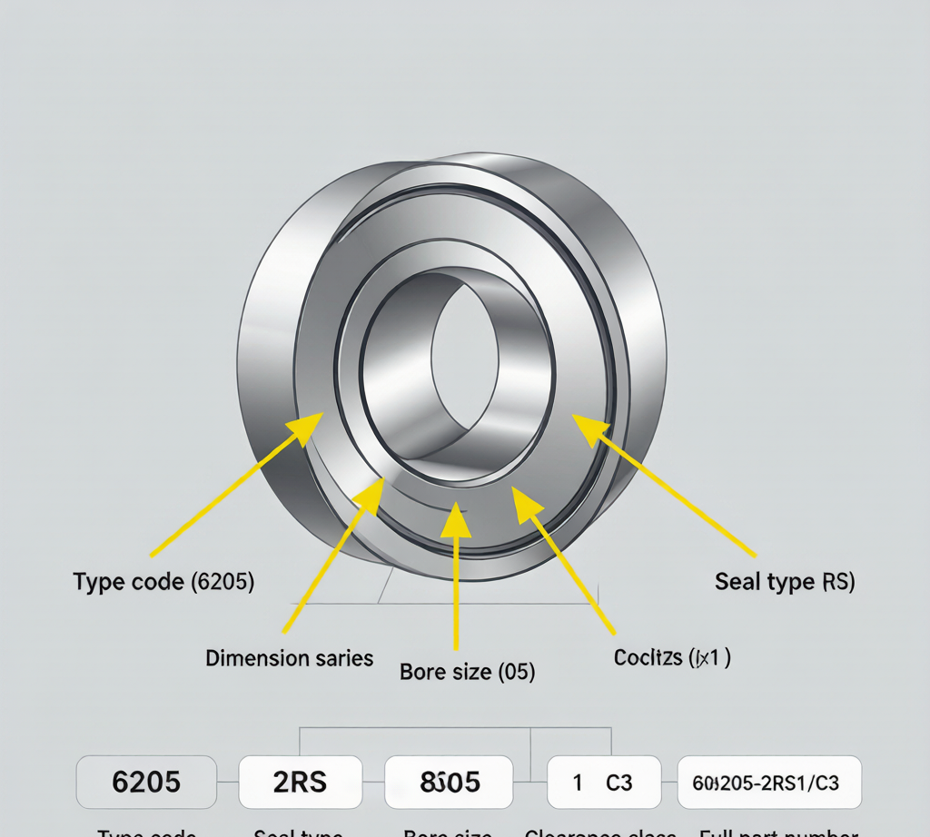 Bearing part number decoding infographic: type, dimensions, seal, clearance breakdown