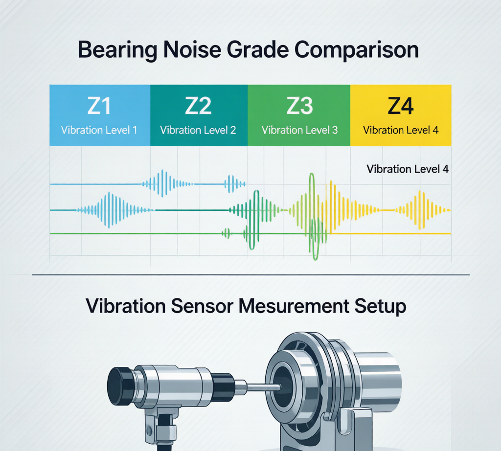 'Bearing noise grade comparison: Z1 Z2 Z3 Z4 vibration levels with measurement setup'