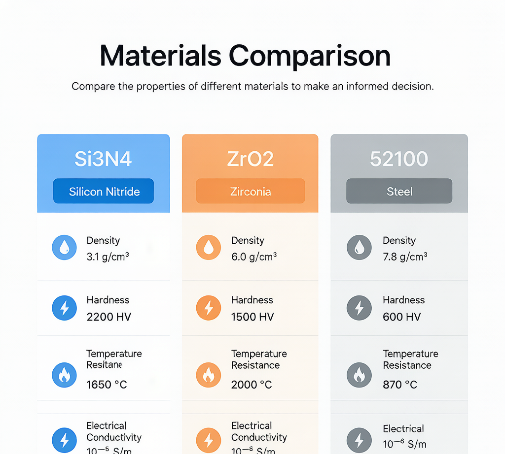 Ceramic bearing material comparison: Si3N4 vs ZrO2 vs 52100 steel properties