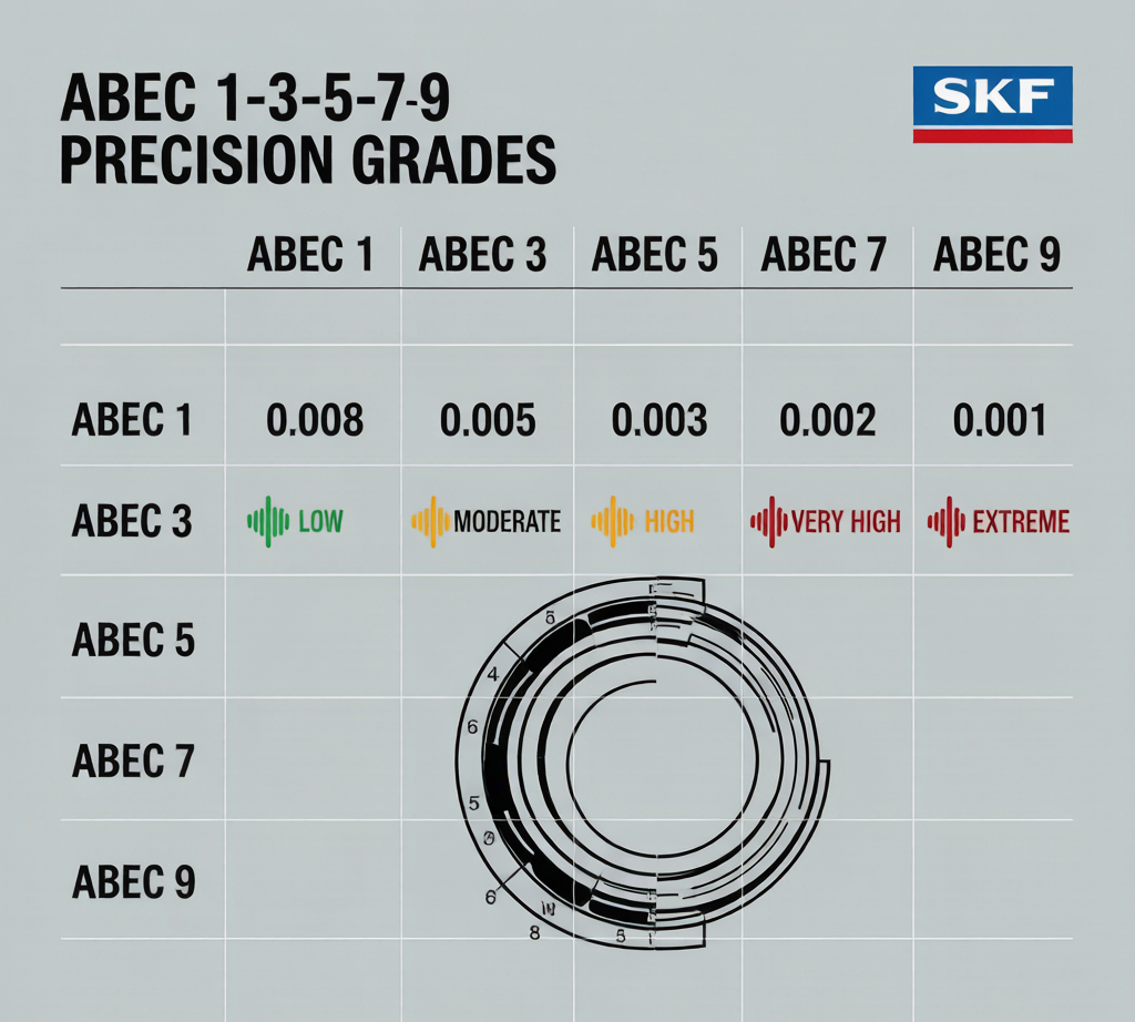 ABEC precision grades comparison tolerances runout noise levels