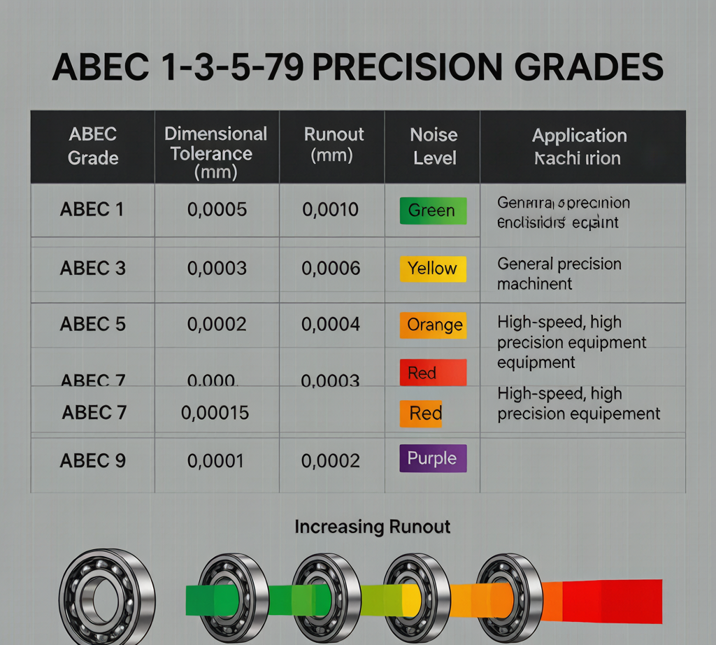 ABEC precision grades 1 through 9 comparison tolerances runout noise levels