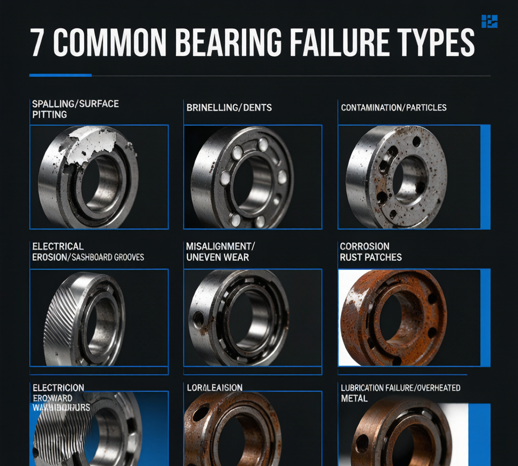7 bearing failure types infographic: spalling brinelling contamination electrical erosion misalignment corrosion lubrication failure